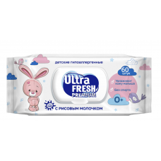 Влажная салфетка Ultra Fresh Premium BABY 60шт для чувствительной кожи с рисовым молочком